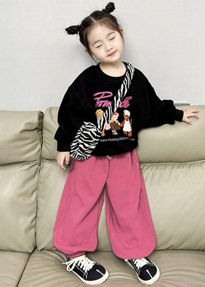 Black O-neck Kids Fleece Sweatshirt and Lantern Pants Two Pieces Set Spring Tr002