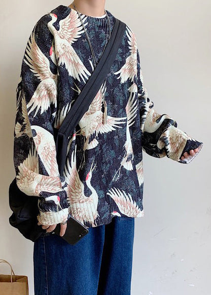 Black O Neck Print Cozy Knit Sweaters Winter Wj023