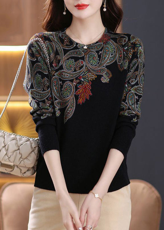 Black O Neck Zircon Patchwork Wool Sweaters Long Sleeve Tb016