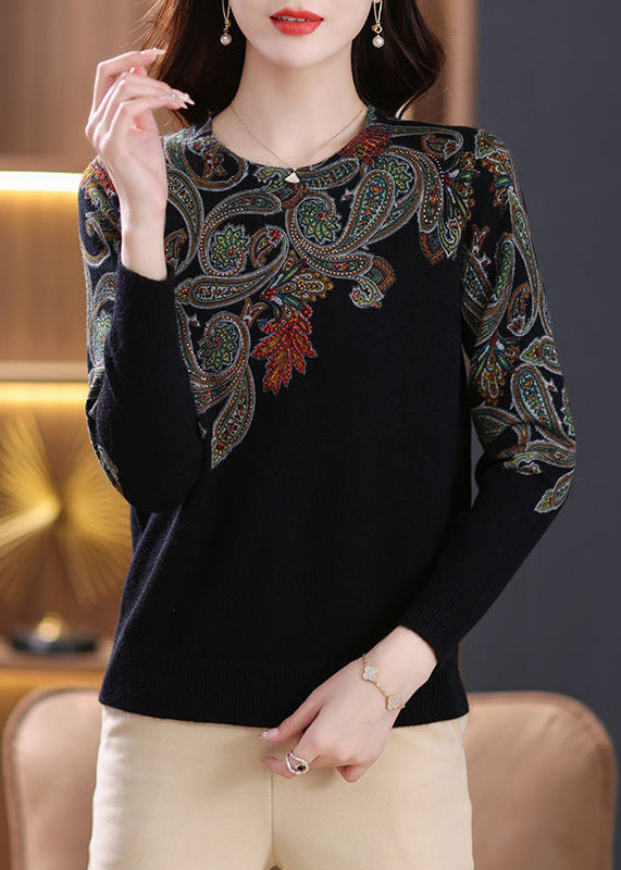 Black O Neck Zircon Patchwork Wool Sweaters Long Sleeve Tb016