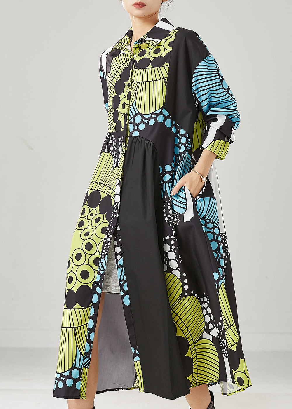 Black Oversized Print Cotton Maxi Dresses Spring Yu1036