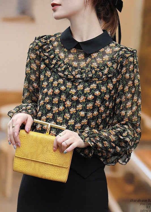 Black Peter Pan Collar Ruffles Patchwork Print Chiffon Blouses Spring Fr2004