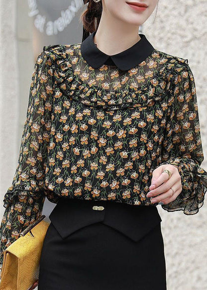 Black Peter Pan Collar Ruffles Patchwork Print Chiffon Blouses Spring Fr2004