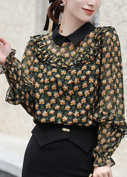 Black Peter Pan Collar Ruffles Patchwork Print Chiffon Blouses Spring Fr2004