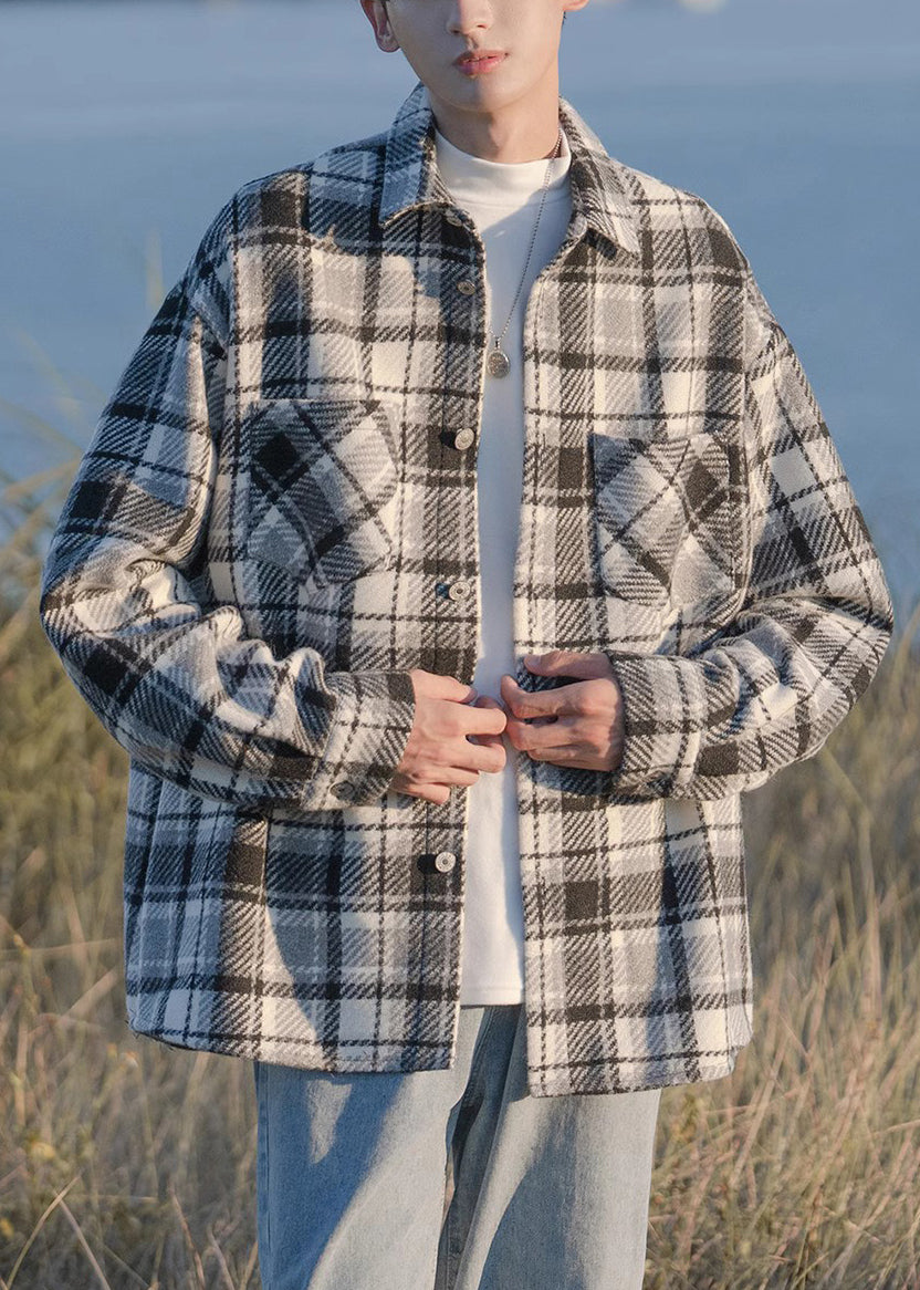 Button Shirts Pockets Plaid Coats Spring Black Woolen