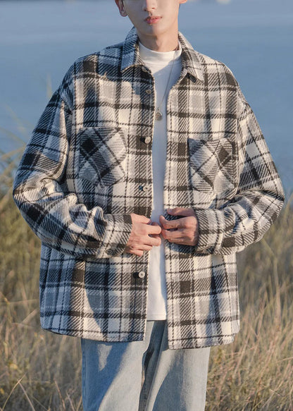 Button Shirts Pockets Plaid Coats Spring Black Woolen