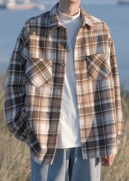 Button Shirts Pockets Plaid Coats Spring Black Woolen