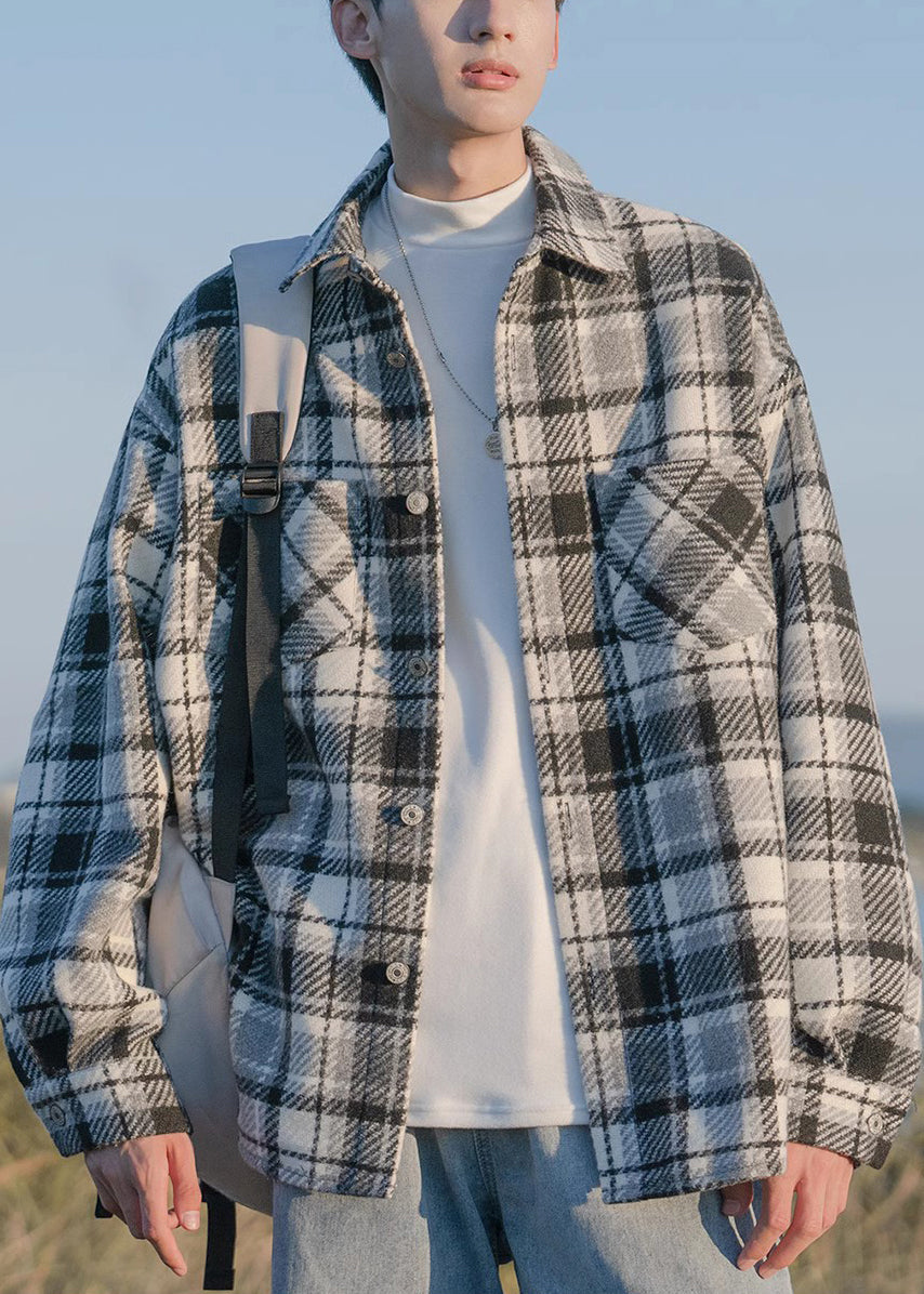 Button Shirts Pockets Plaid Coats Spring Black Woolen