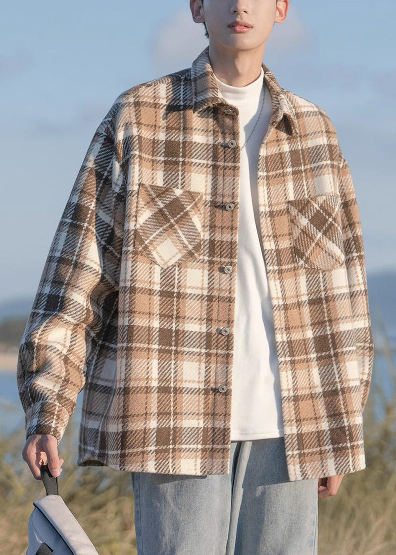 Button Shirts Pockets Plaid Coats Spring Black Woolen