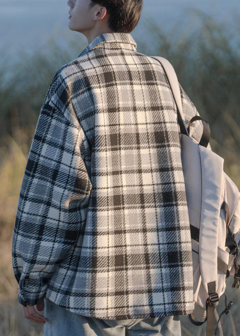 Button Shirts Pockets Plaid Coats Spring Black Woolen