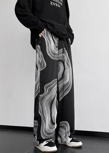 Black Pockets Elastic Waist Cotton Pants Fall Wa038