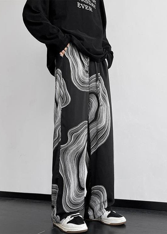 Black Pockets Elastic Waist Cotton Pants Fall Wa038