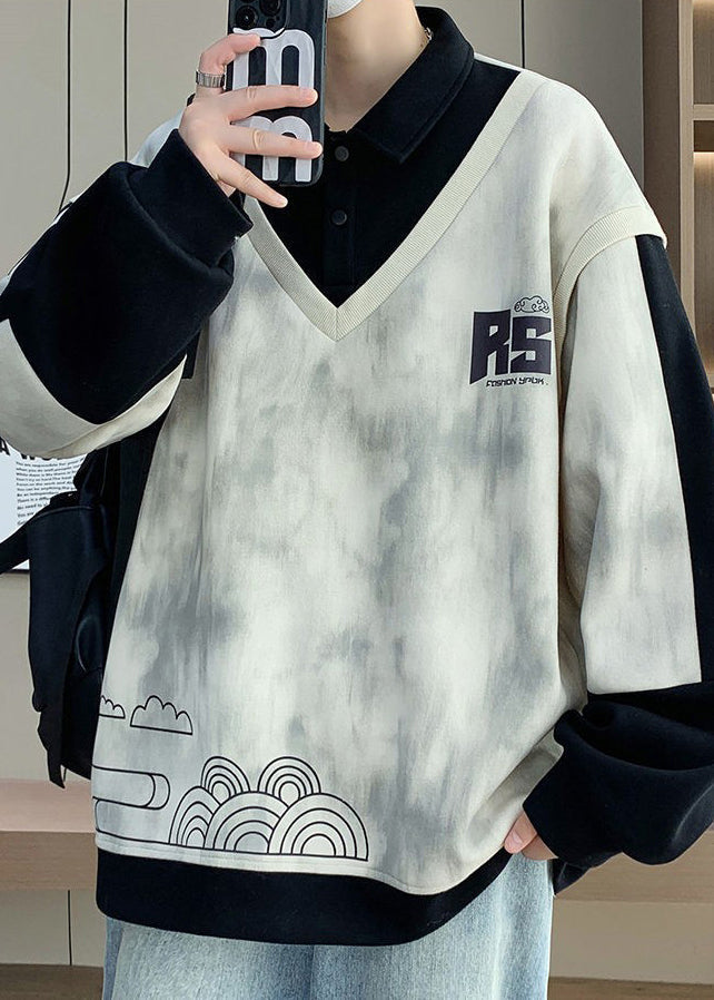 Cotton Button Black Sweatshirts Patchwork Print Spring