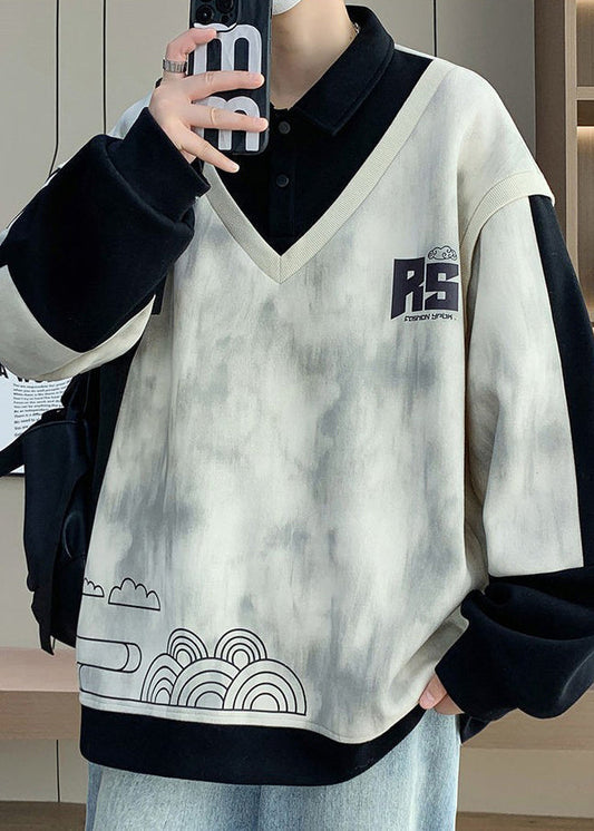 Cotton Button Black Sweatshirts Patchwork Print Spring
