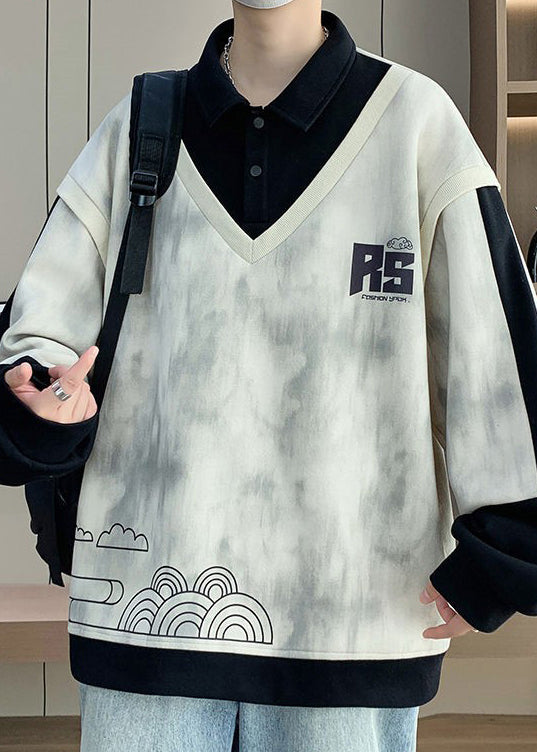 Cotton Button Black Sweatshirts Patchwork Print Spring