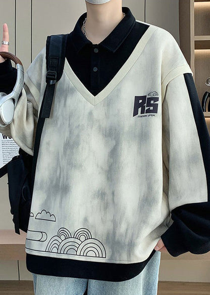 Cotton Button Black Sweatshirts Patchwork Print Spring