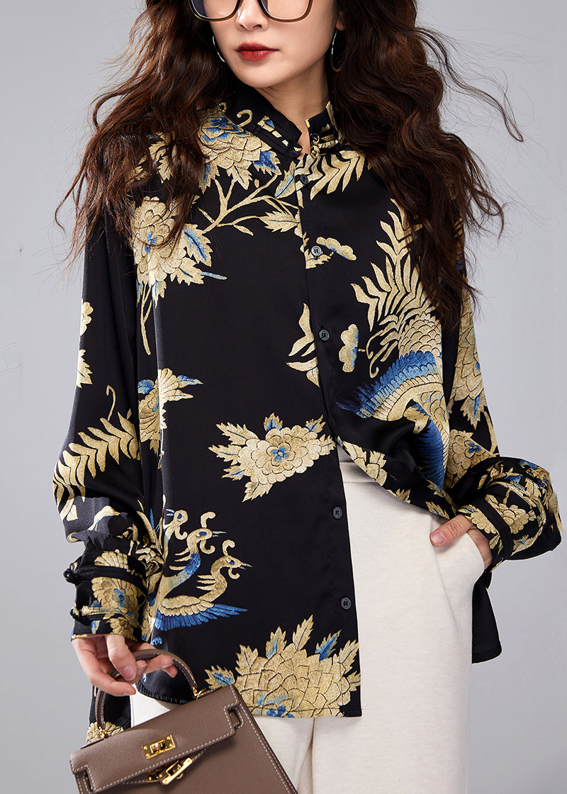 Black Stand Collar Button Print Silk Blouses Fall Ac1002