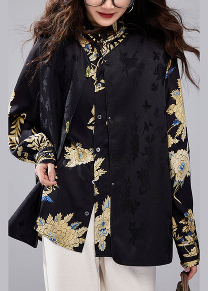 Black Stand Collar Button Print Silk Blouses Fall Ac1002