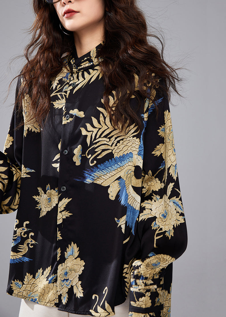 Black Stand Collar Button Print Silk Blouses Fall Ac1002