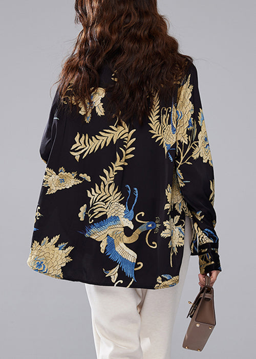 Black Stand Collar Button Print Silk Blouses Fall Ac1002