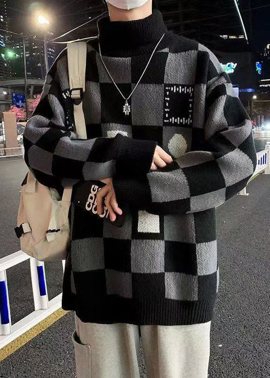 Black Turtleneck Plaid Knit Sweaters Pullover Winter Rj049
