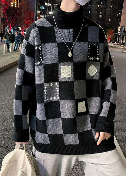 Black Turtleneck Plaid Knit Sweaters Pullover Winter Rj049