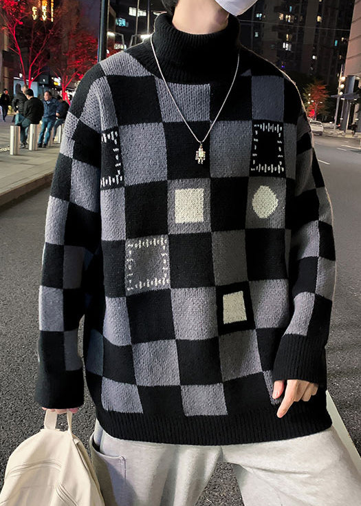 Black Turtleneck Plaid Knit Sweaters Pullover Winter Rj049