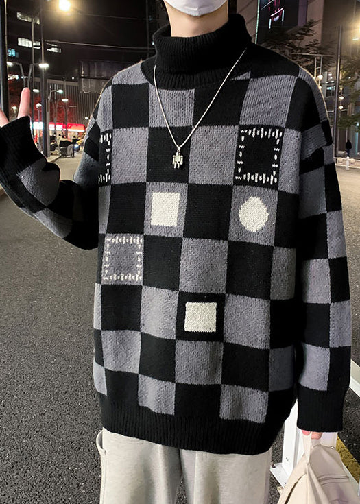 Black Turtleneck Plaid Knit Sweaters Pullover Winter Rj049