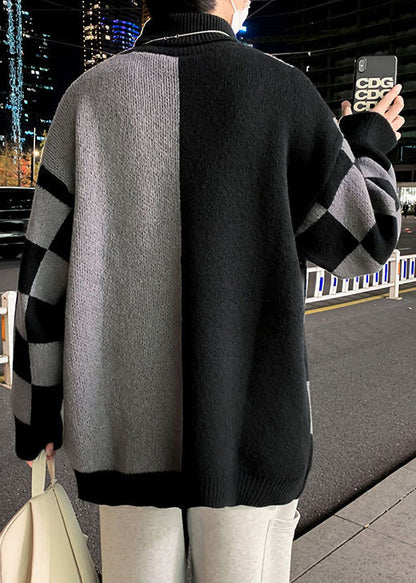 Black Turtleneck Plaid Knit Sweaters Pullover Winter Rj049