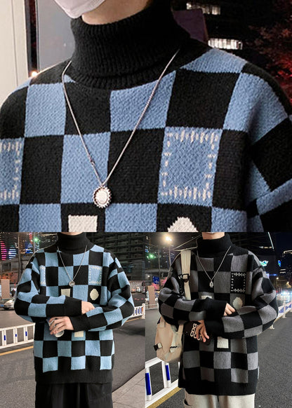 Black Turtleneck Plaid Knit Sweaters Pullover Winter Rj049