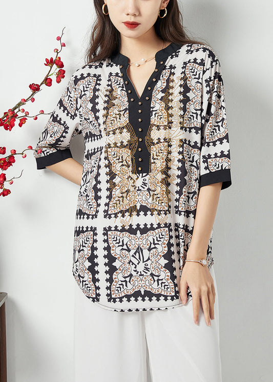 Black V Neck Print Draping Chiffon Blouses Summer Lc0400