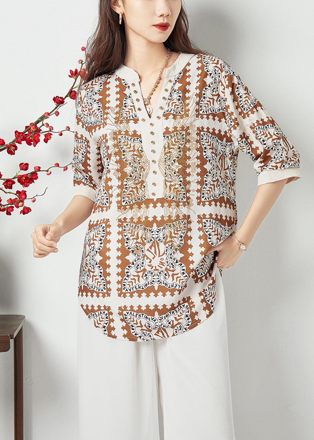 Black V Neck Print Draping Chiffon Blouses Summer Lc0400