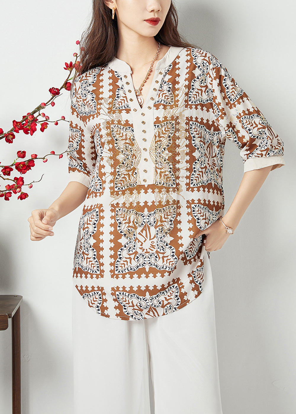 Black V Neck Print Draping Chiffon Blouses Summer Lc0400