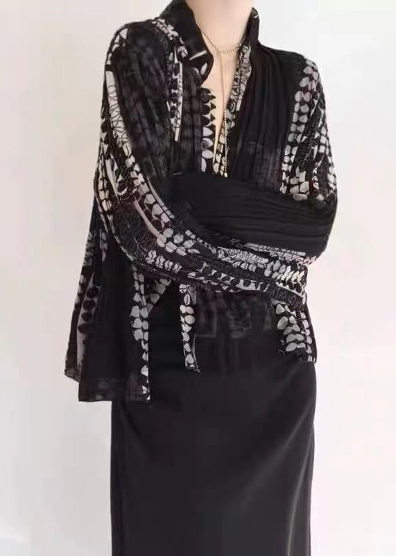 Black Wrinkled Patchwork Tulle Blouse Tops Fall Ru001