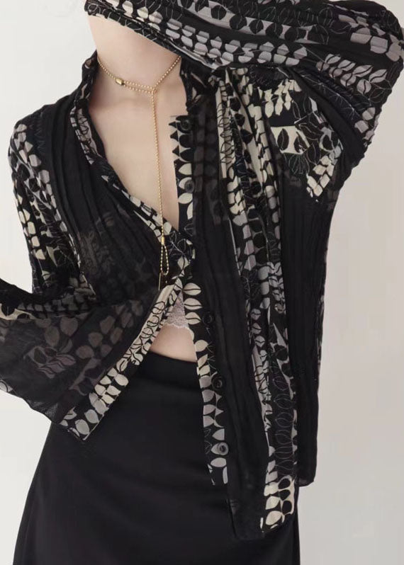 Black Wrinkled Patchwork Tulle Blouse Tops Fall Ru001