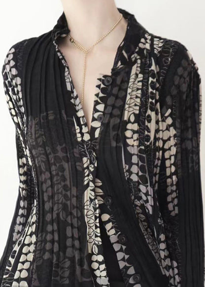 Black Wrinkled Patchwork Tulle Blouse Tops Fall Ru001