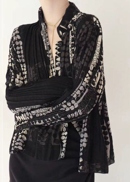 Black Wrinkled Patchwork Tulle Blouse Tops Fall Ru001