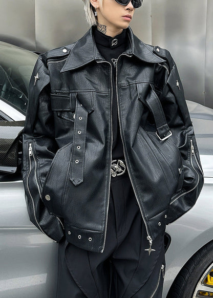 Black Zip Up Faux Leather Coats Peter Pan Collar Spring Rn028