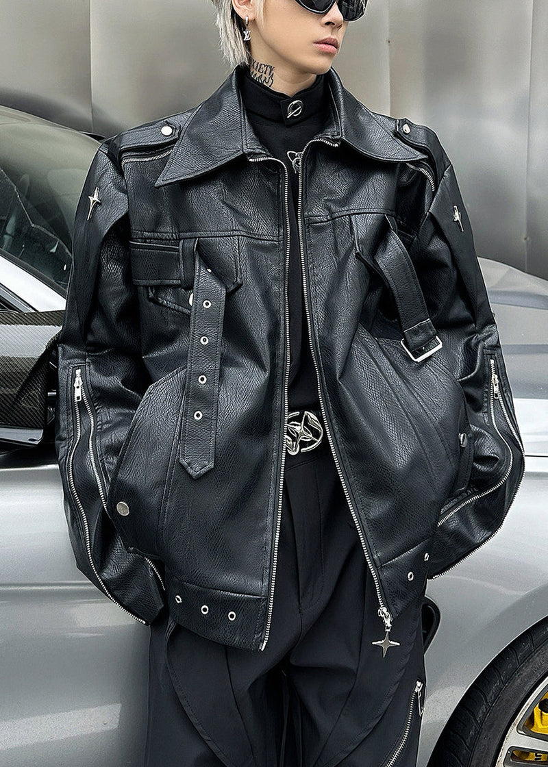 Black Zip Up Faux Leather Coats Peter Pan Collar Spring Rn028