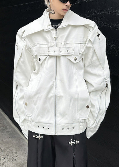 Black Zip Up Faux Leather Coats Peter Pan Collar Spring Rn028