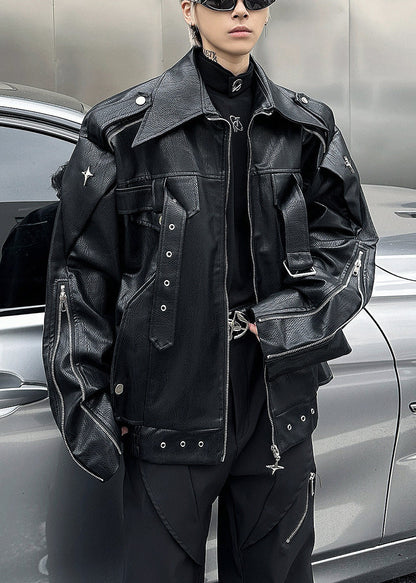 Black Zip Up Faux Leather Coats Peter Pan Collar Spring Rn028