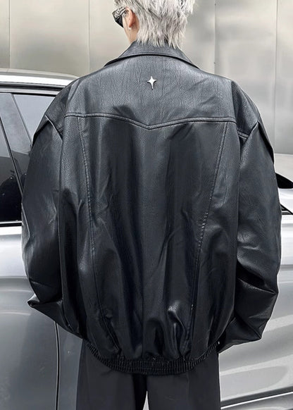 Black Zip Up Faux Leather Coats Peter Pan Collar Spring Rn028