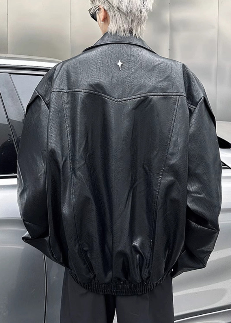 Black Zip Up Faux Leather Coats Peter Pan Collar Spring Rn028