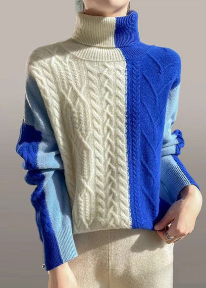 Blue Asymmetrical Patchwork Cable Knit Sweater Spring Yw051