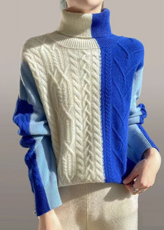 Blue Asymmetrical Patchwork Cable Knit Sweater Spring Yw051