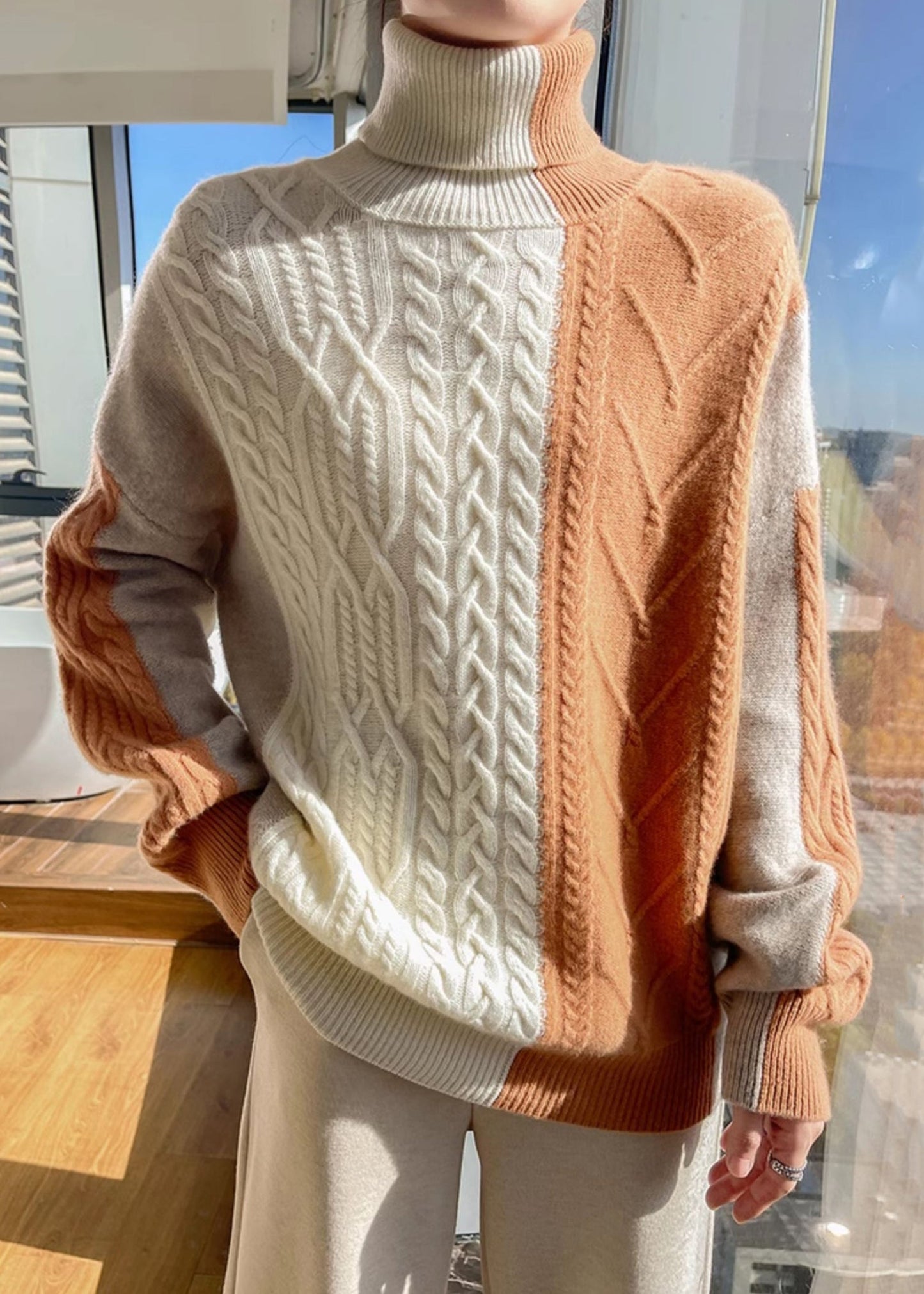 Blue Asymmetrical Patchwork Cable Knit Sweater Spring Yw051