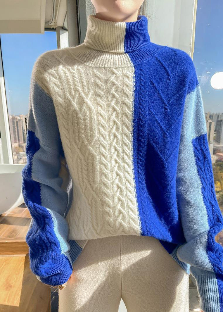 Blue Asymmetrical Patchwork Cable Knit Sweater Spring Yw051