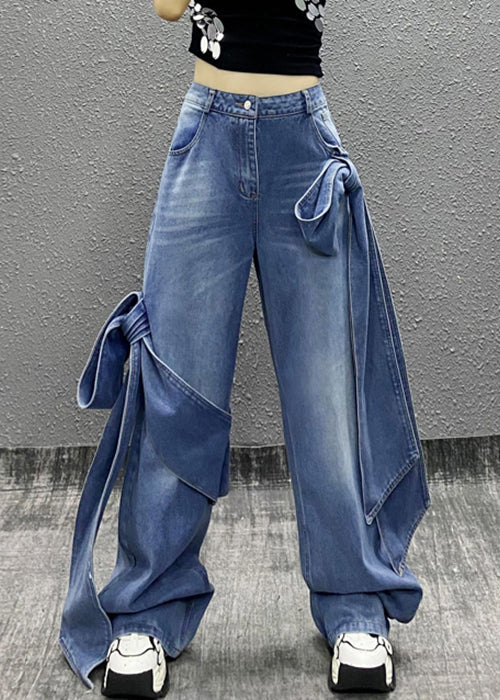Blue Bow Pockets High Waist Denim Pants Summer Aw1010