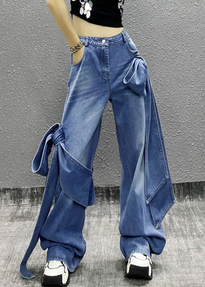 Blue Bow Pockets High Waist Denim Pants Summer Aw1010