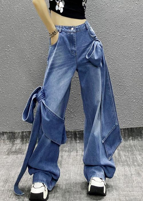 Blue Bow Pockets High Waist Denim Pants Summer Aw1010
